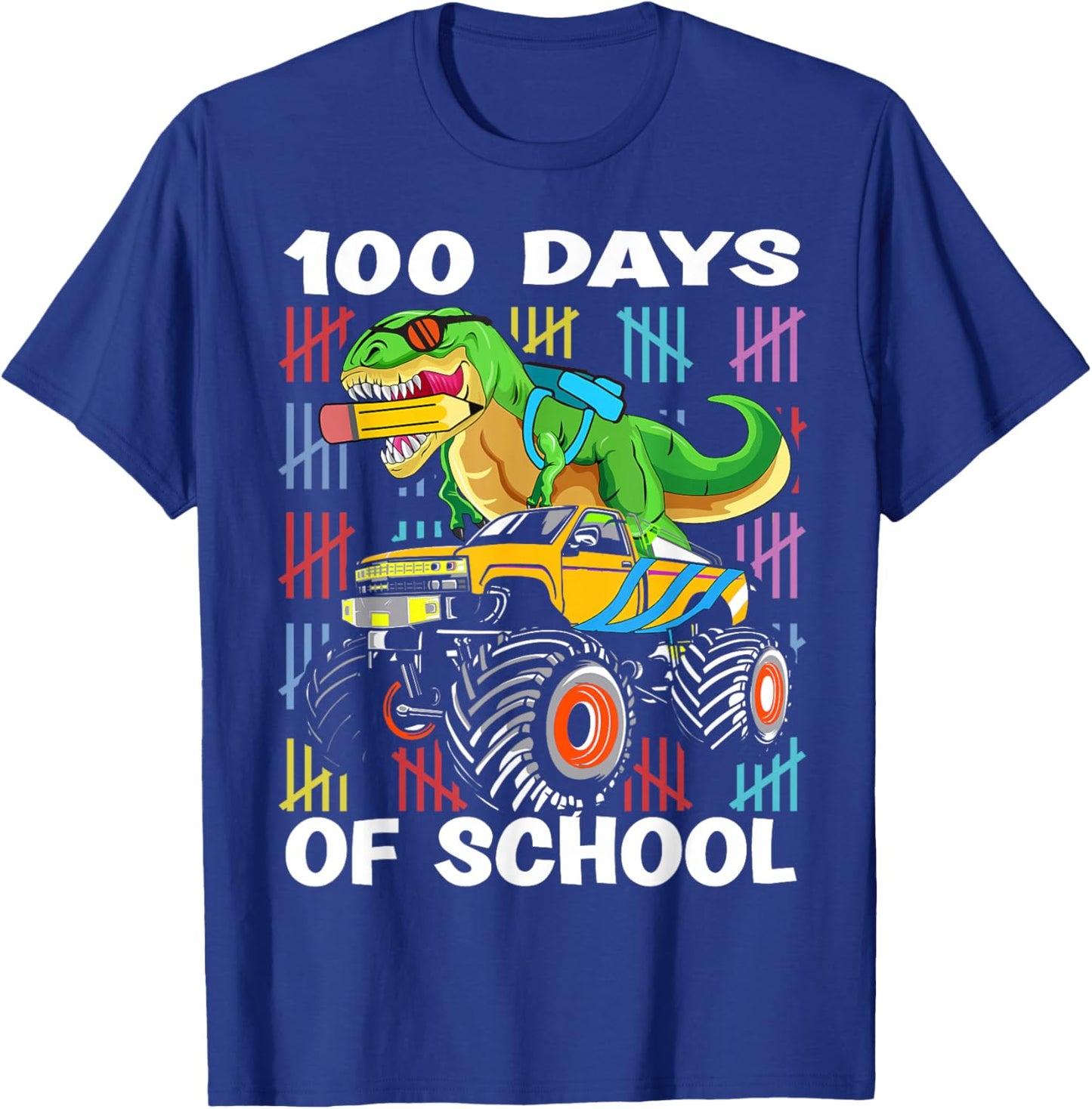 100th Day of School 100 Days School Truck Dinosaur Boys Kids T-Shirt - T-Shirt | Royal