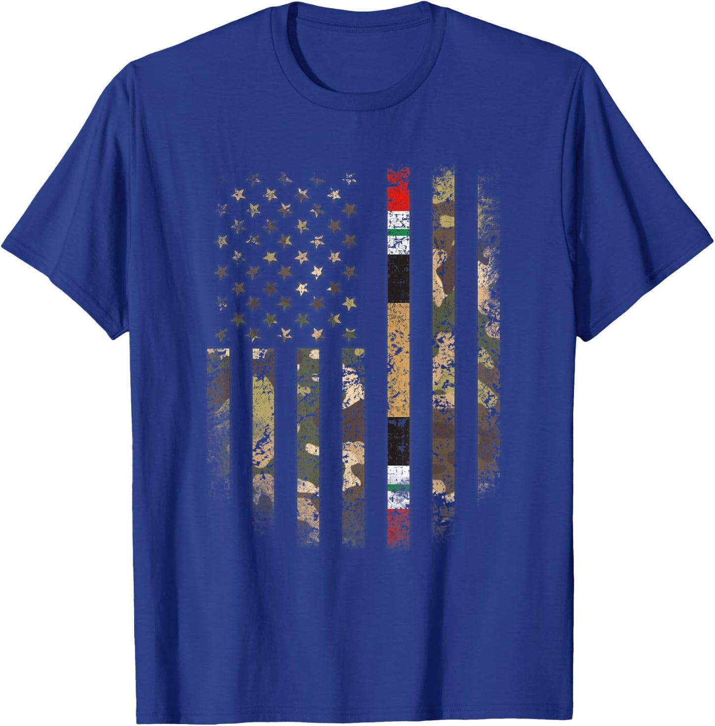 Proud Iraq War Veteran Camo US Flag Ribbon Military Family T-Shirt - T-Shirt | Royal