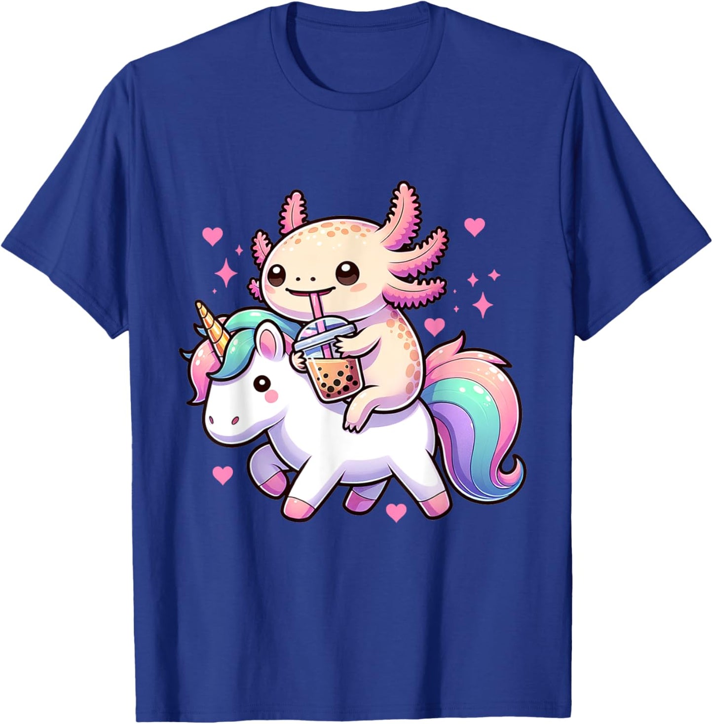 Cute Anime Kawaii Axolotl Riding A Unicorn And Drinking Boba T-Shirt - T-Shirt | Royal