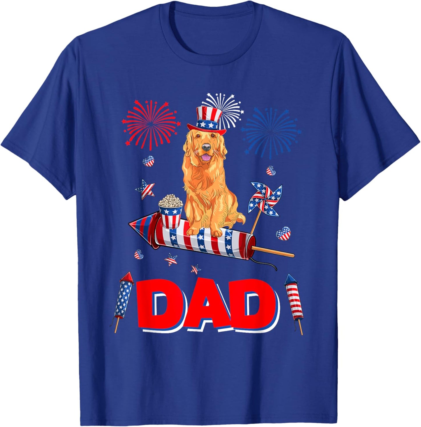 Dad Cute Golden Retriever 4th July American Flag Fireworks T-Shirt - T-Shirt | Royal