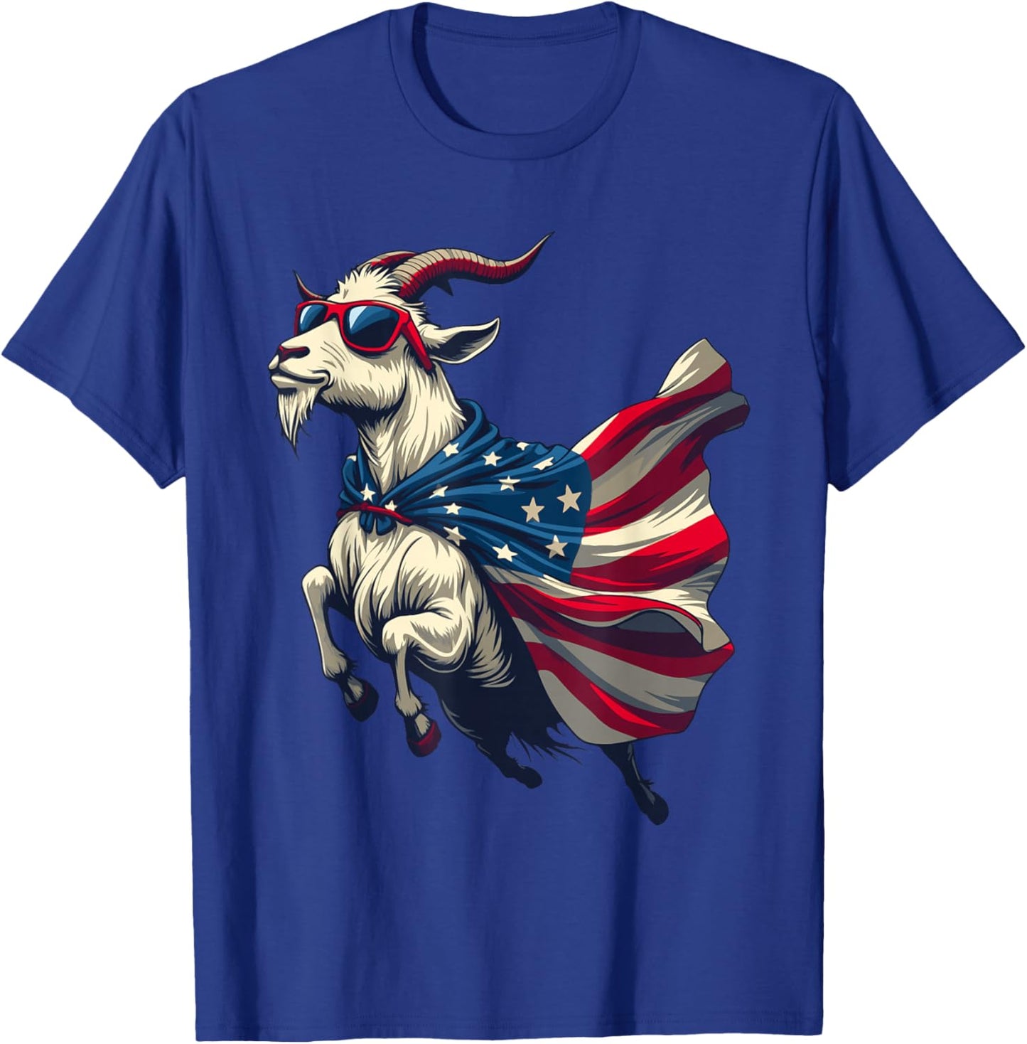 Cool Patriotic Goat in American Flag Cape with Sunglasses T-Shirt - T-Shirt | Royal