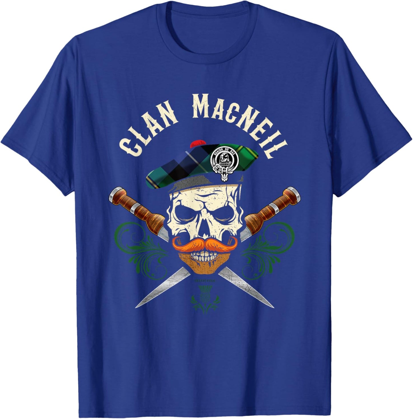 Scottish Clan MacNeil Surname Skull Dirks Tartan Badge T-Shirt - T-Shirt | Royal