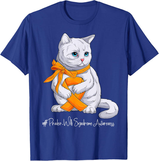 Prader-Willi Syndrome Awareness Month Orange Ribbon Cat T-Shirt - T-Shirt | Royal