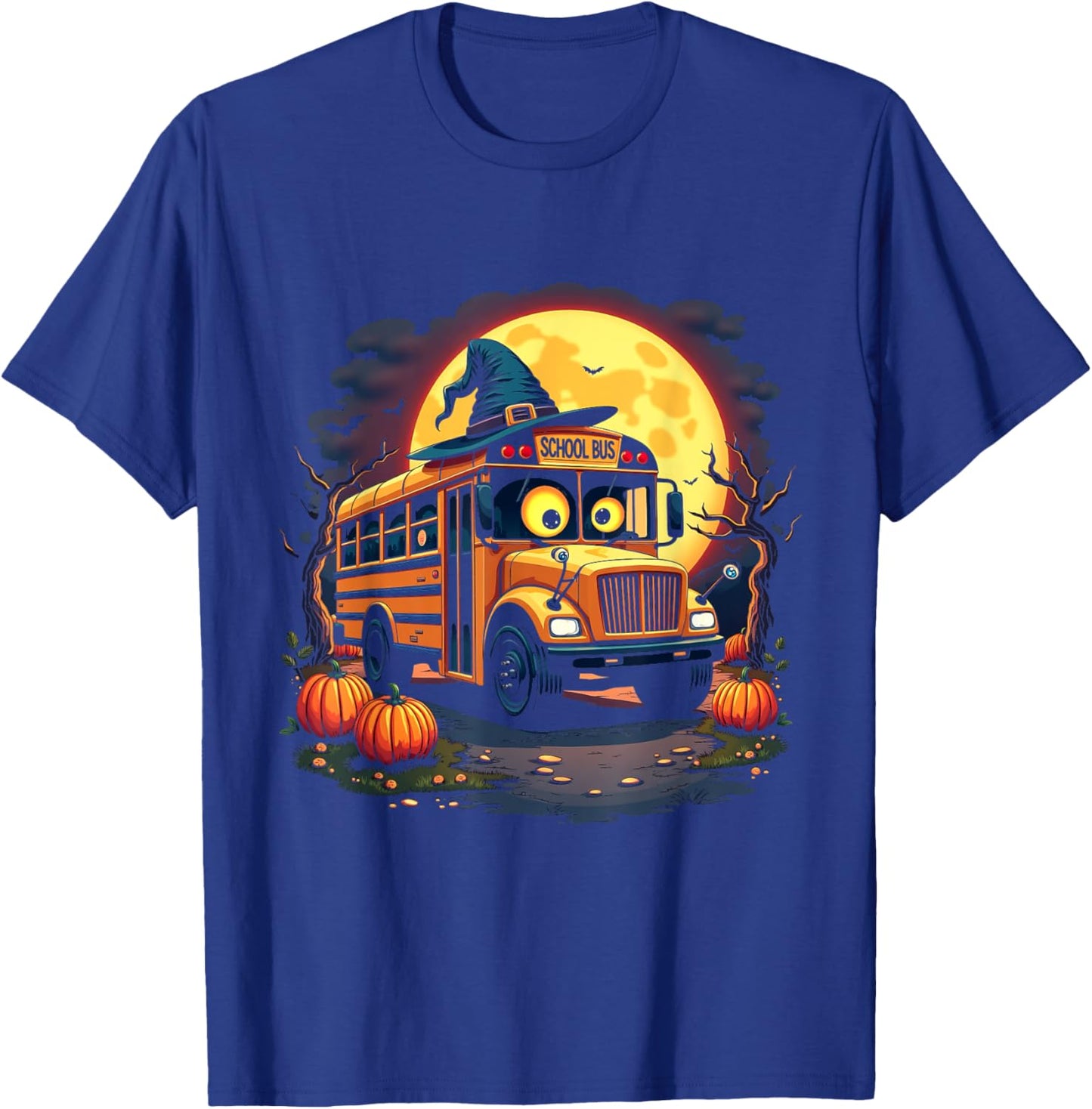 Halloween School Bus with Witch Hat and Pumpkins Spooky T-Shirt - T-Shirt | Royal