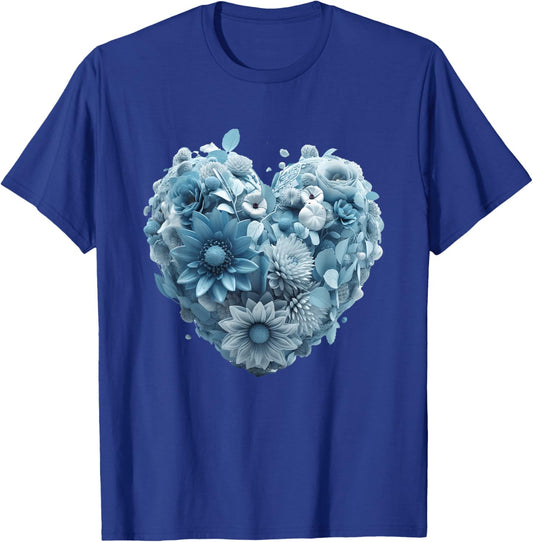 Cute Light Blue Heart Graphic Made of Flowers Girl T-Shirt - T-Shirt | Royal
