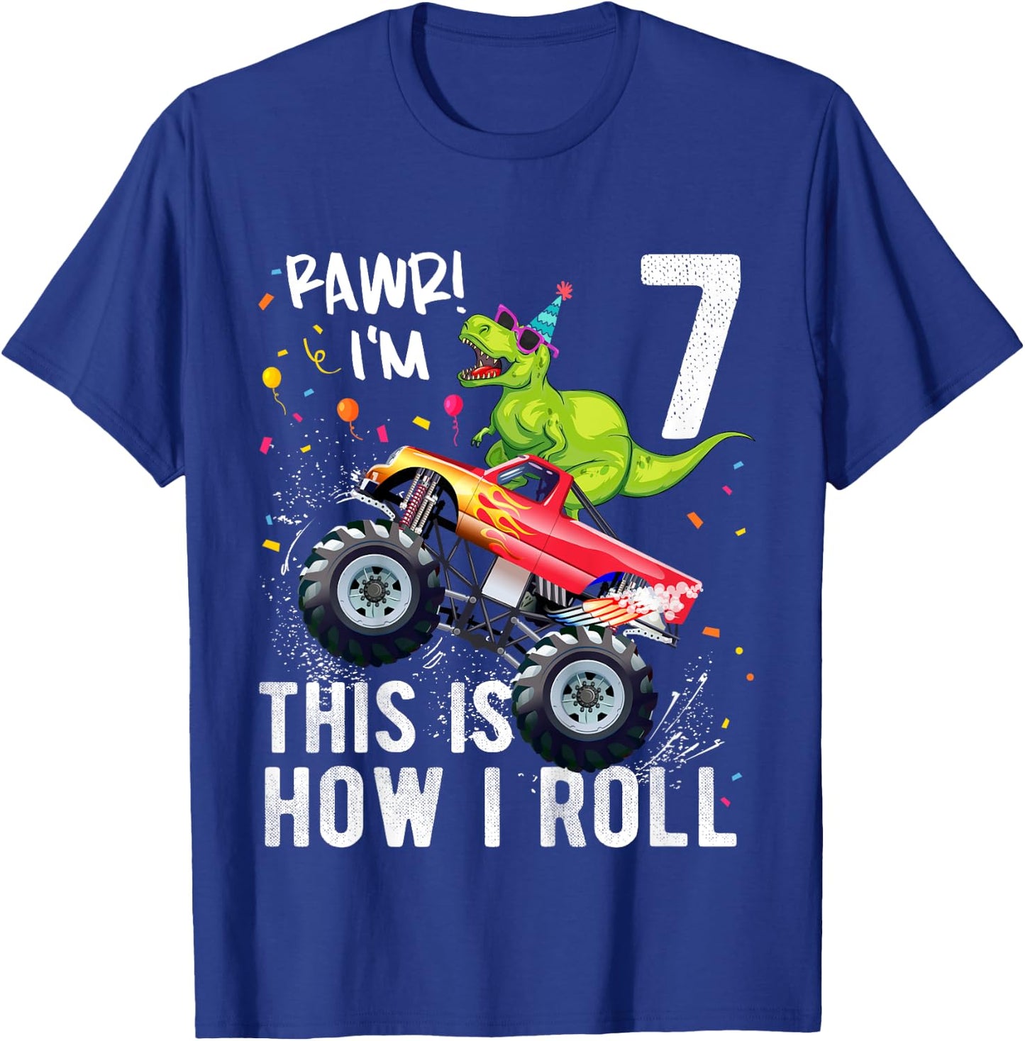 T Rex Dinosaur Monster Truck 7th Birthday Boys and Girls T-Shirt - T-Shirt | Royal