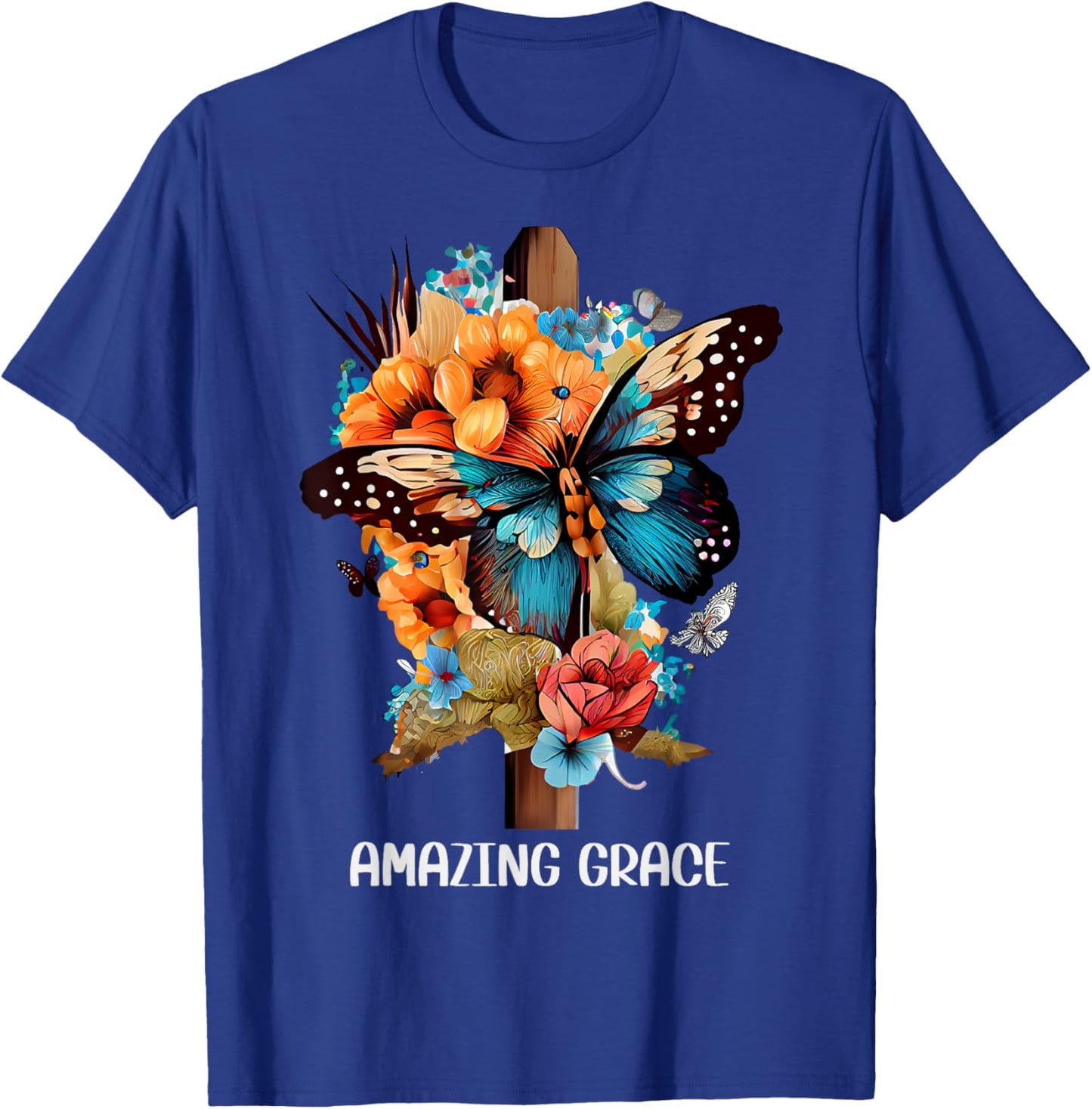 Amazing grace Christian Cross Butterfly Flowers Floral Faith T-Shirt - T-Shirt | Royal