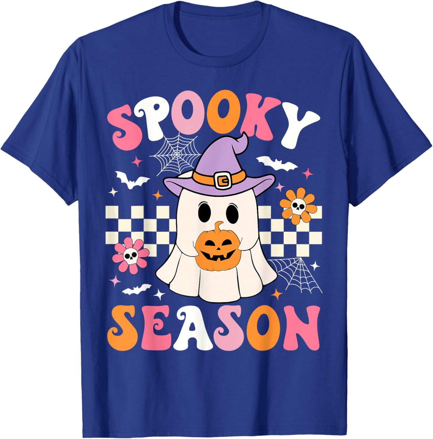 Spooky Season Ghost Holding Pumpkin Groovy Halloween Ghost T-Shirt - T-Shirt | Royal