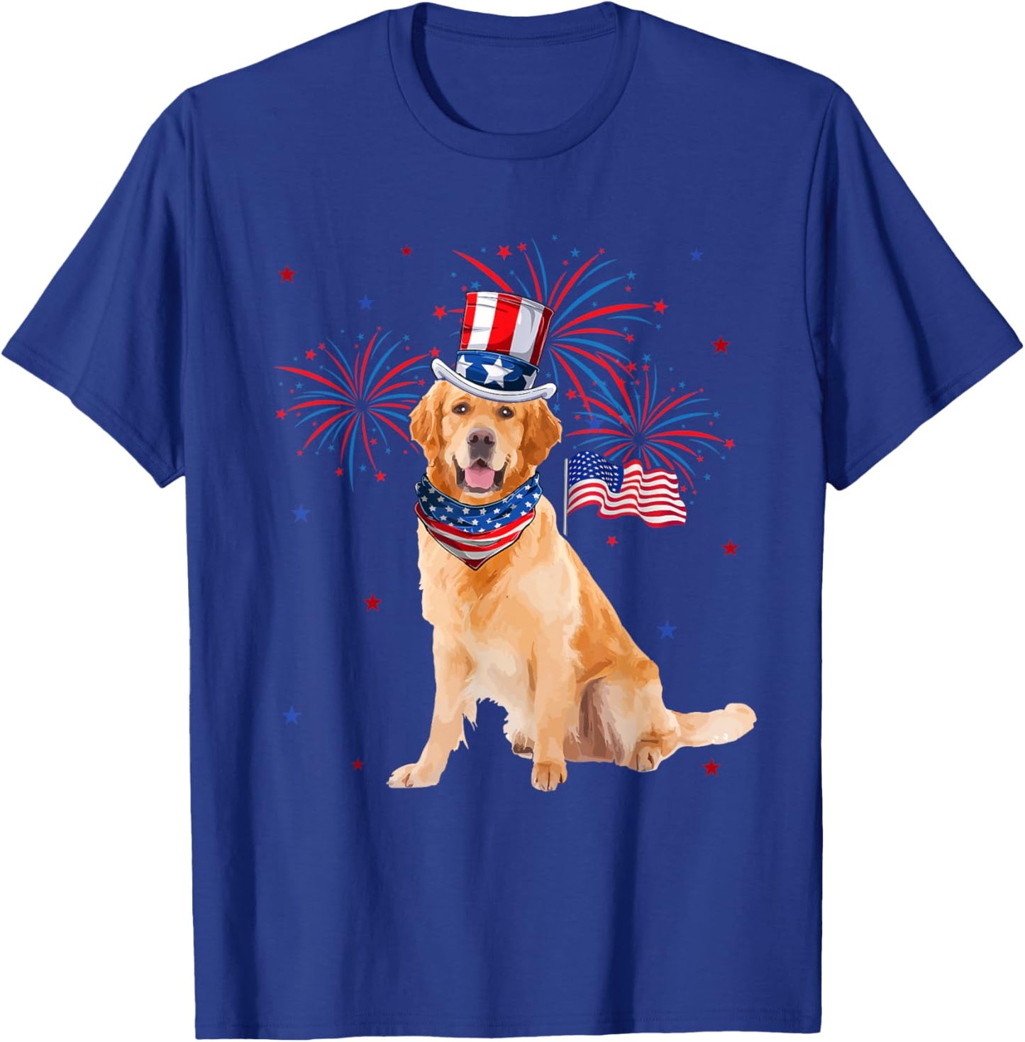 Golden Retriever Costume American Flag 4th of July Fireworks Women Kids Men T-Shirt - T-Shirt | Royal