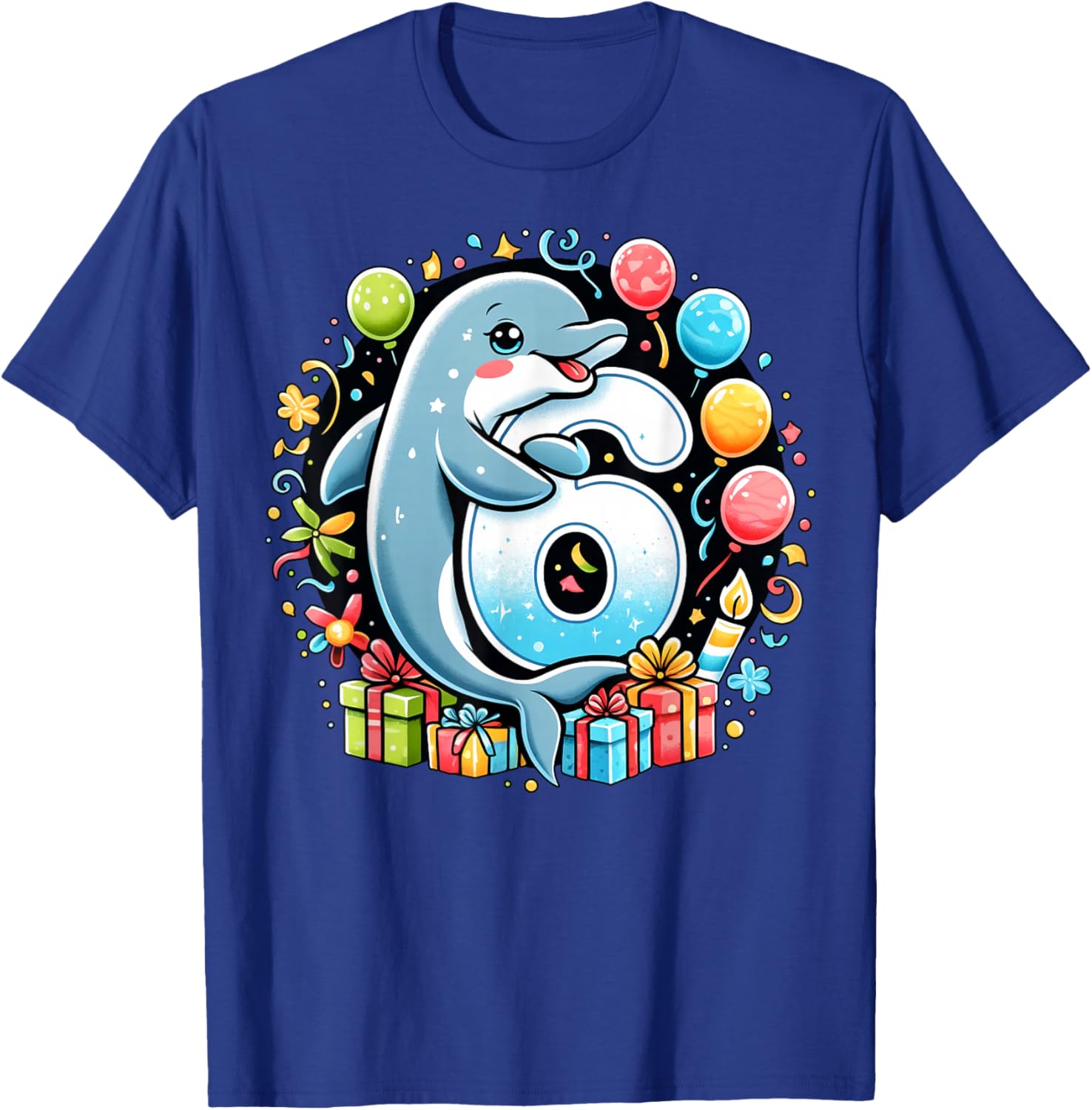 Kids Dolphin Theme sixth Bday Party 6th Dolphin Birthday T-Shirt - T-Shirt | Royal