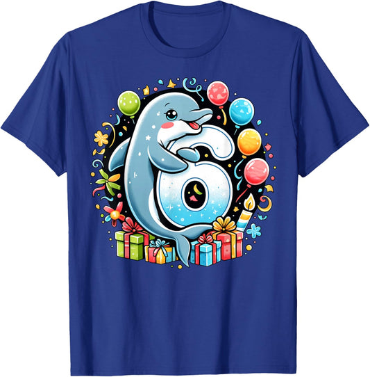 Kids Dolphin Theme sixth Bday Party 6th Dolphin Birthday T-Shirt - T-Shirt | Royal