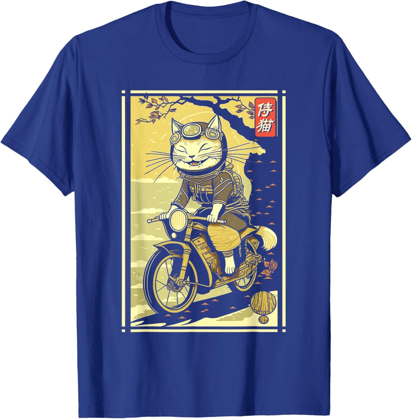 Japanese Samurai Cat on Motorcycle Kawaii Ninja Cat T-Shirt - T-Shirt | Royal