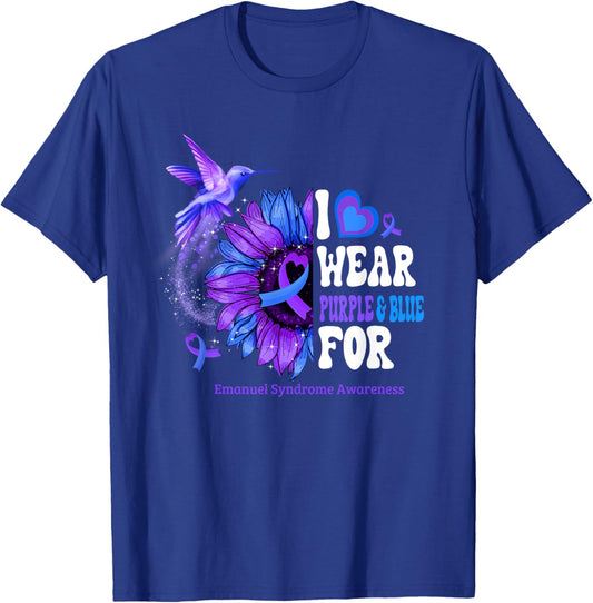 I Wear Purple Blue For Emanuel Syndrome Awareness Sunflower T-Shirt - T-Shirt | Royal