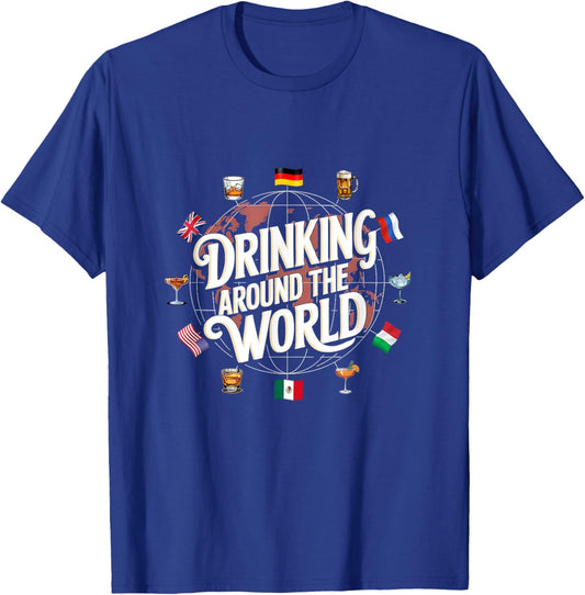 Funny Drinking Around The World Drink - Funny Drinking Around The World Drink - Black - -Adults - Short Sleeve - - Polyester 100% - Modern Cartoon Round Collar - Small T-Shirt - T-Shirt | Royal