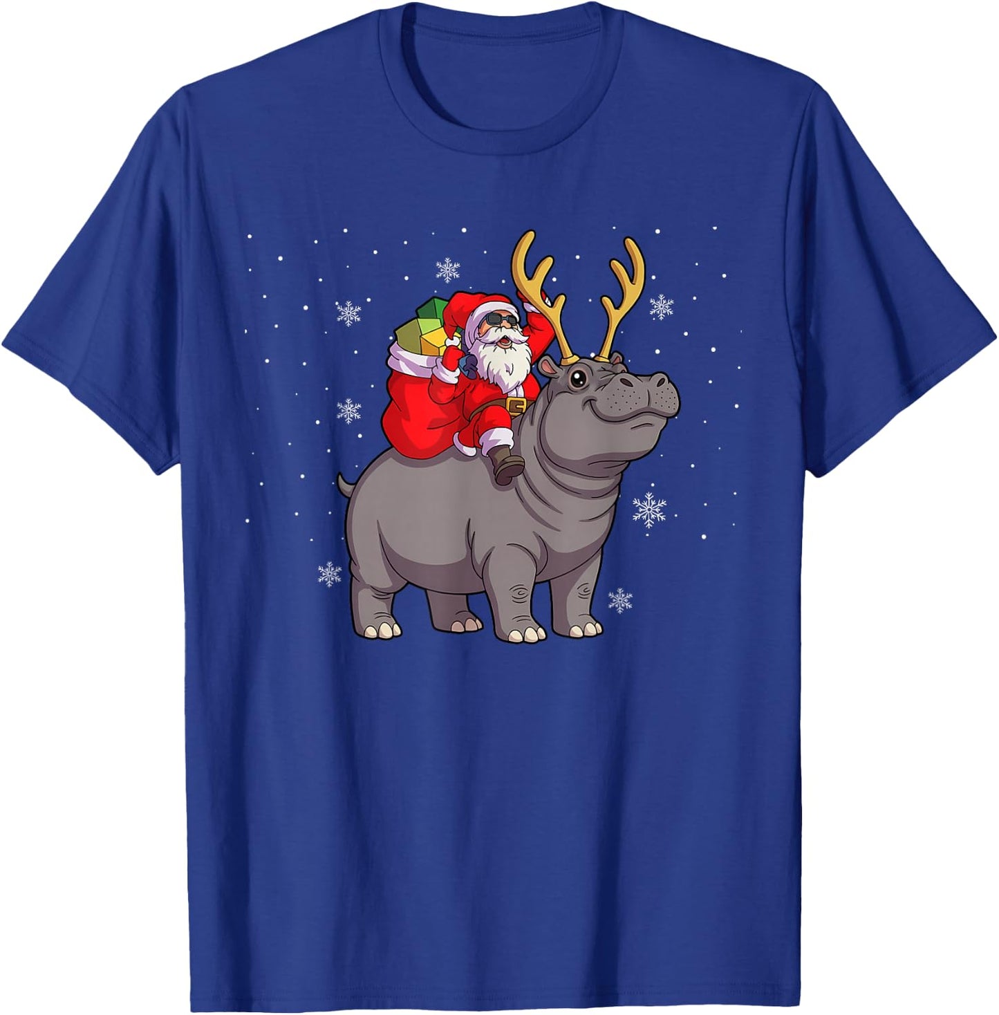 Santa Riding Hippo Deer Xmas Hippo Christmas T-Shirt - T-Shirt | Royal