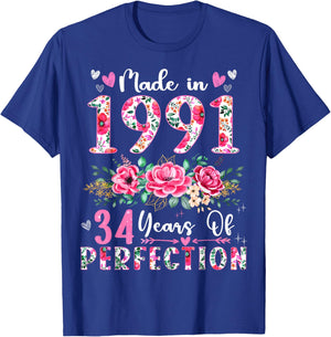 34 Year Old Made In 1991 Floral 34th Birthday Women T-Shirt - T-Shirt | Royal
