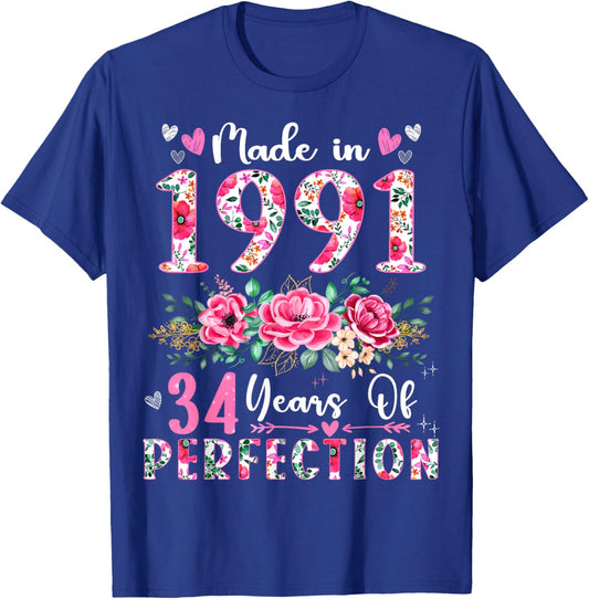 34 Year Old Made In 1991 Floral 34th Birthday Women T-Shirt - T-Shirt | Royal