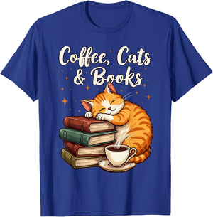 Coffee Cats & Books Lover, & Girls, Funny Coffee T-Shirt - T-Shirt | Royal