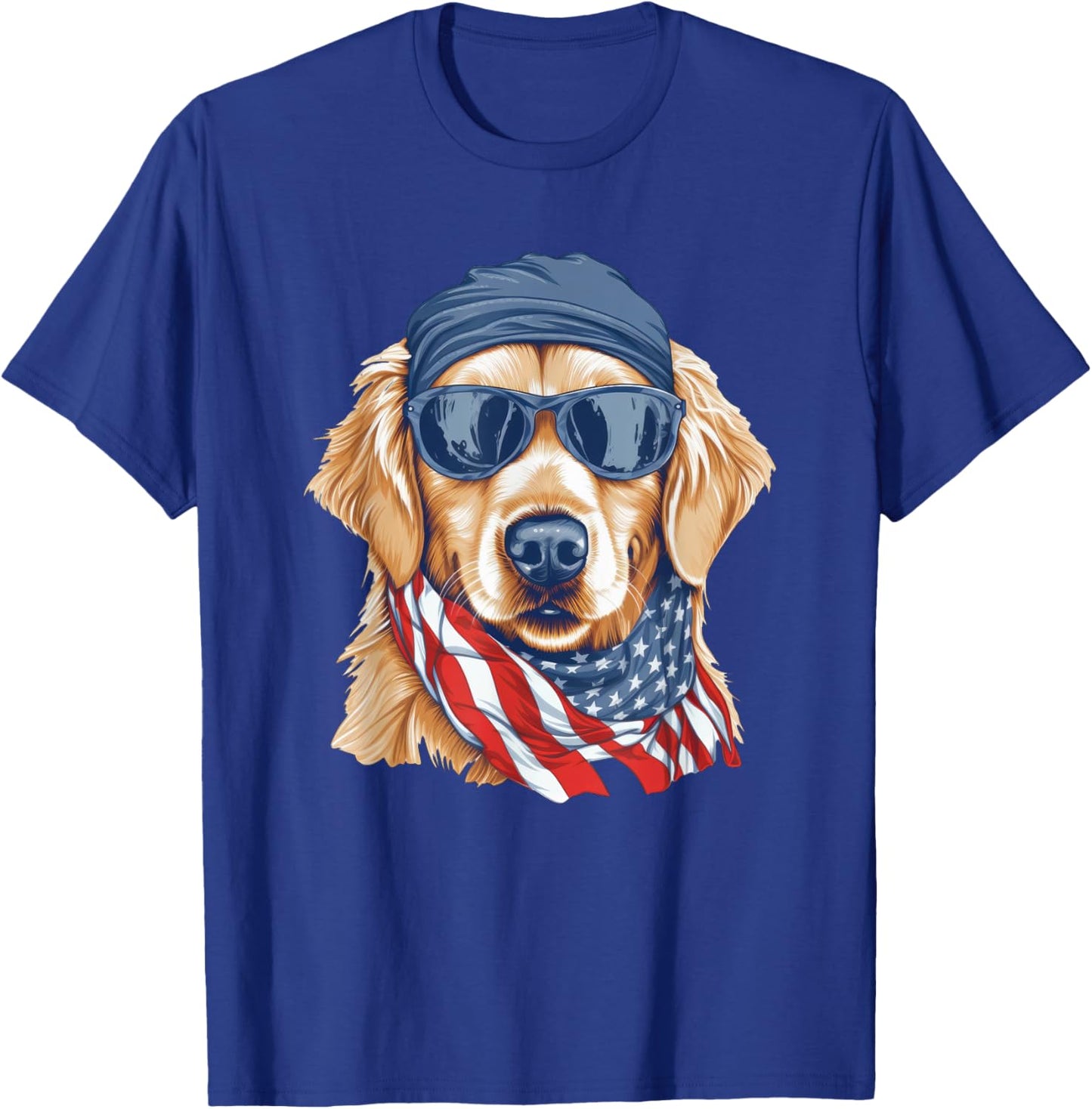 Golden Retriever Sunglasses Bandana Patriotic American Flag Women Kids Men T-Shirt - T-Shirt | Royal