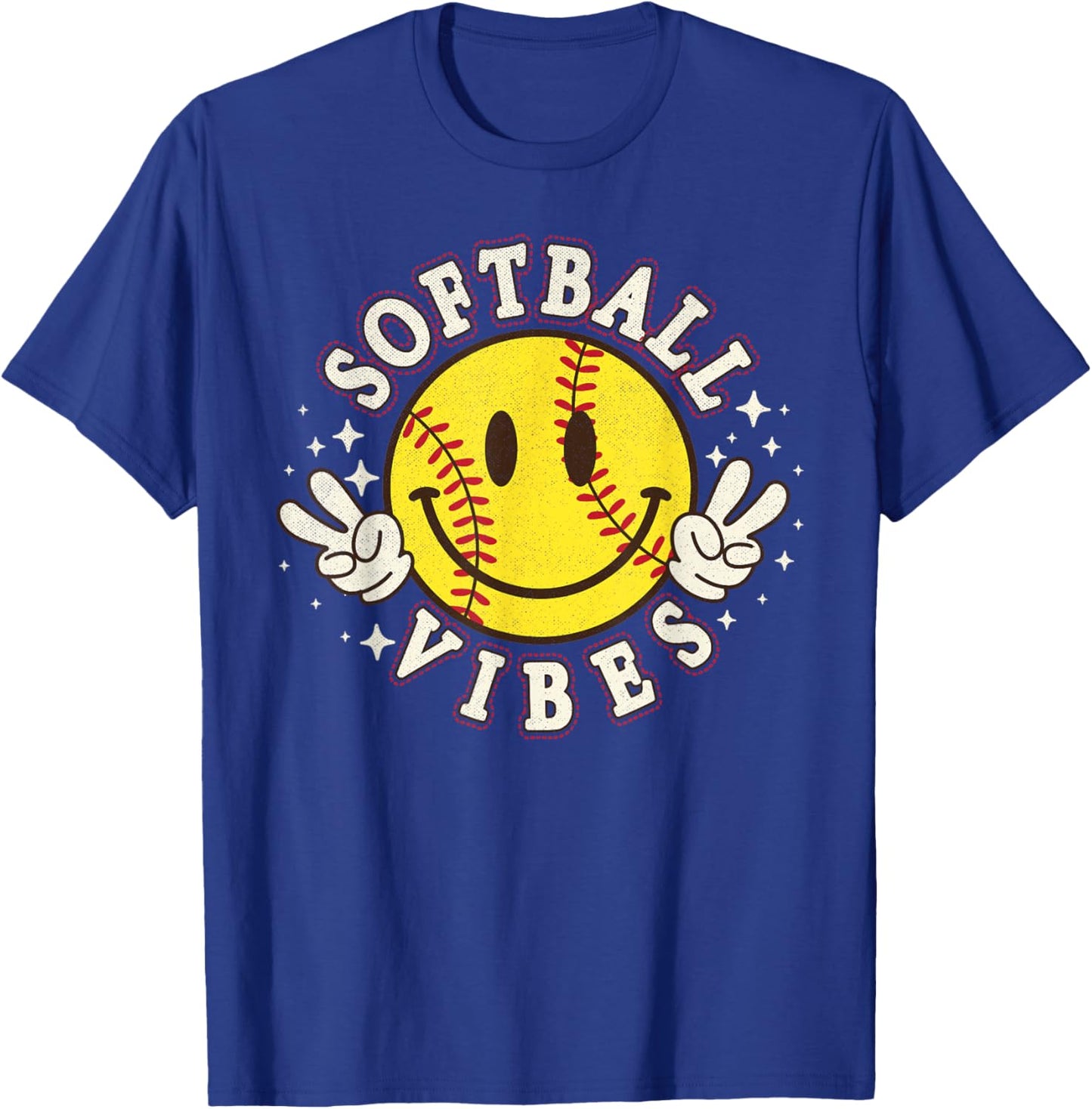 Softball Vibes Smile Face Game Day Softball Life Mom Retro T-Shirt - T-Shirt | Royal