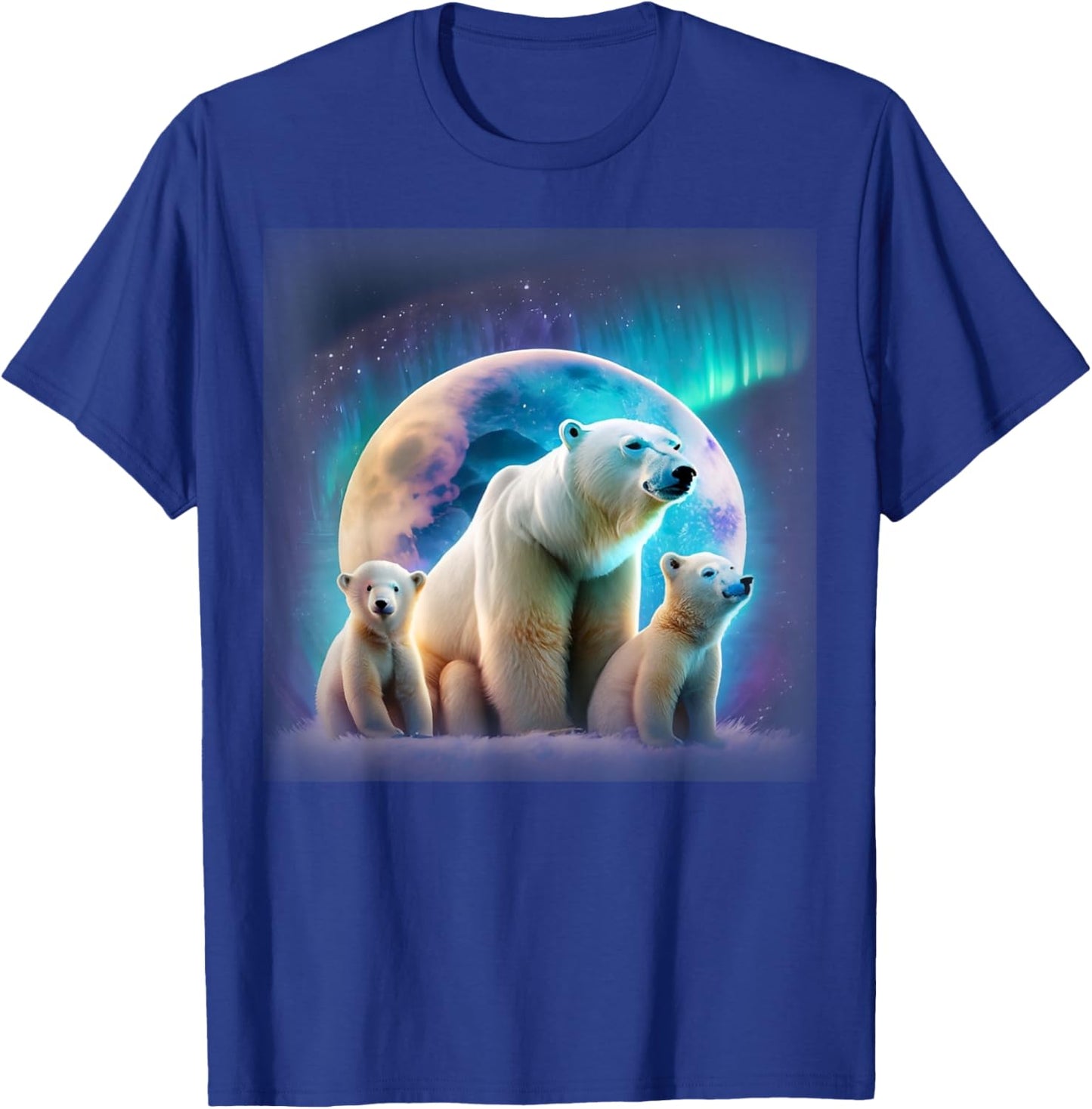 Mother and Baby Polar Bears Under Northern Lights and Moon T-Shirt - T-Shirt | Royal