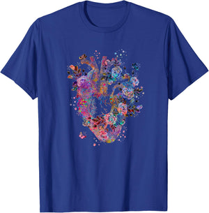 Floral Anatomical Human Heart Graphic Cardiologist Gift T-Shirt - T-Shirt | Royal