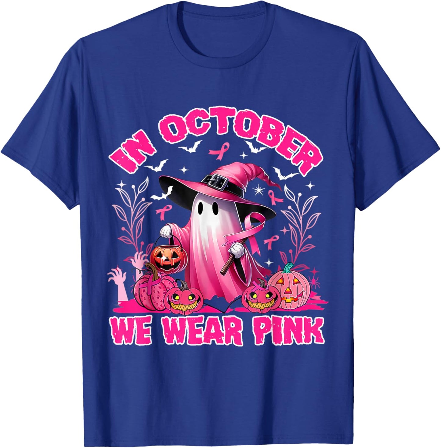 In October We Wear Pink Ghost Witch Breast Cancer Awareness T-Shirt - T-Shirt | Royal
