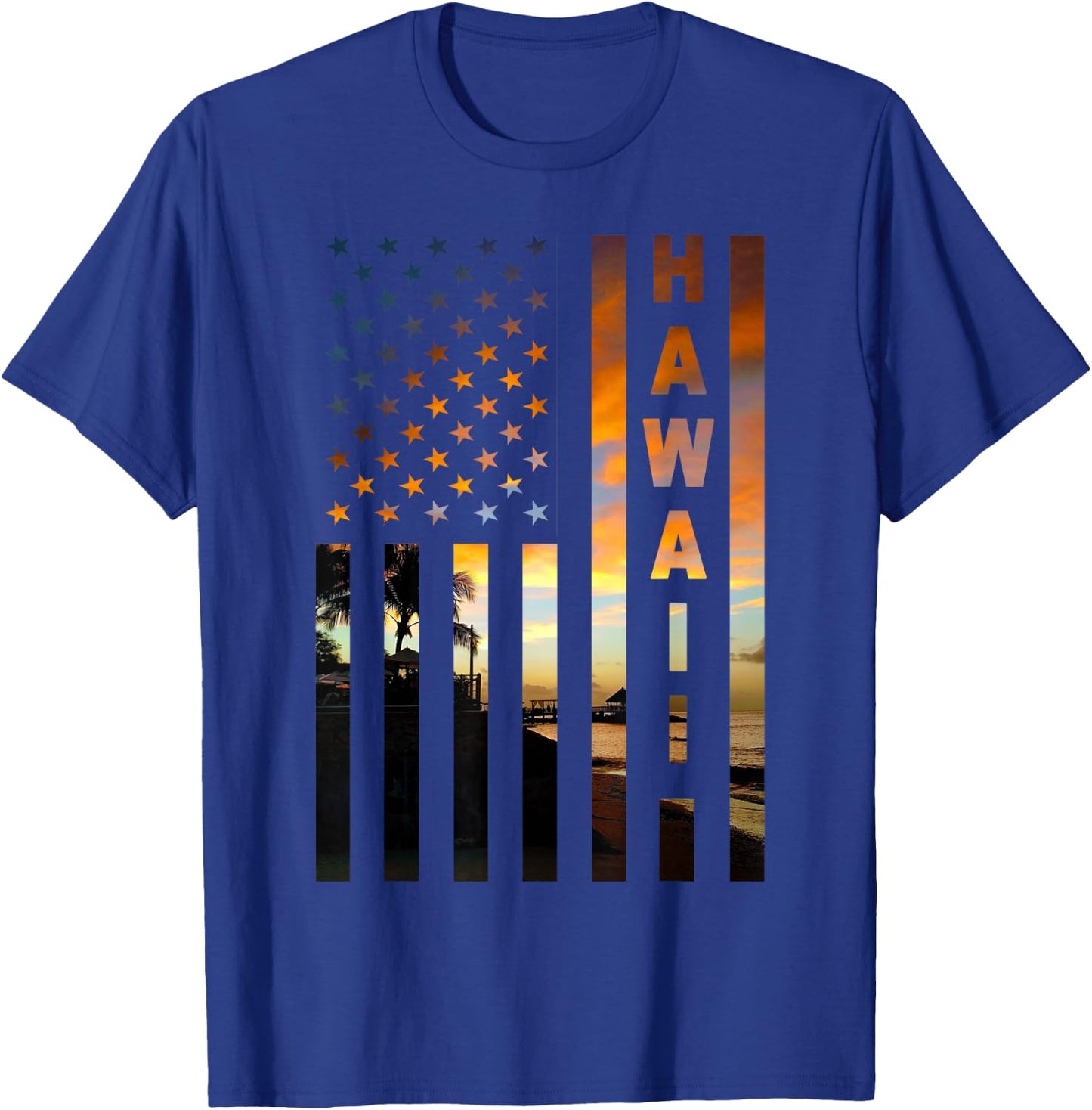 Hawaii Sunset American Flag Honolulu Hawaiian Island T-Shirt - T-Shirt | Royal