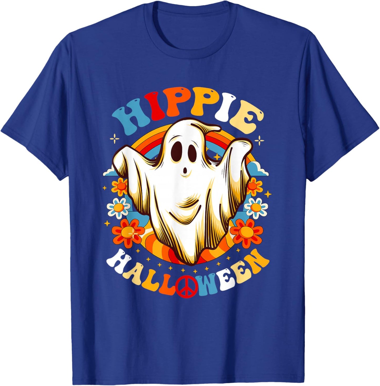 Retro Groovy Peace Hippie Halloween Vintage Floral Ghost T-Shirt - T-Shirt | Royal