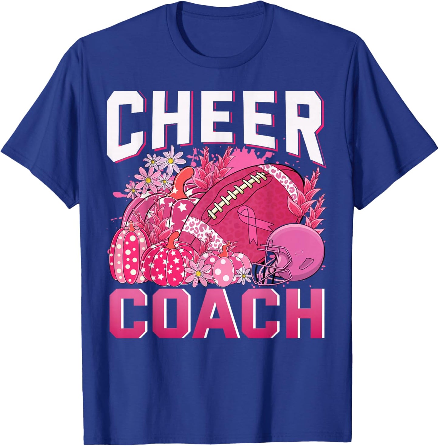 Cheer Coach Pink Ribbon Football Breast Cancer Awareness T-Shirt - T-Shirt | Royal