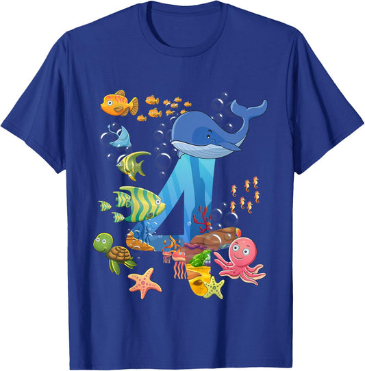 Kids 4 Years Old Sea Fish Ocean Animal 4th Birthday Boy Girl T-Shirt - T-Shirt | Royal