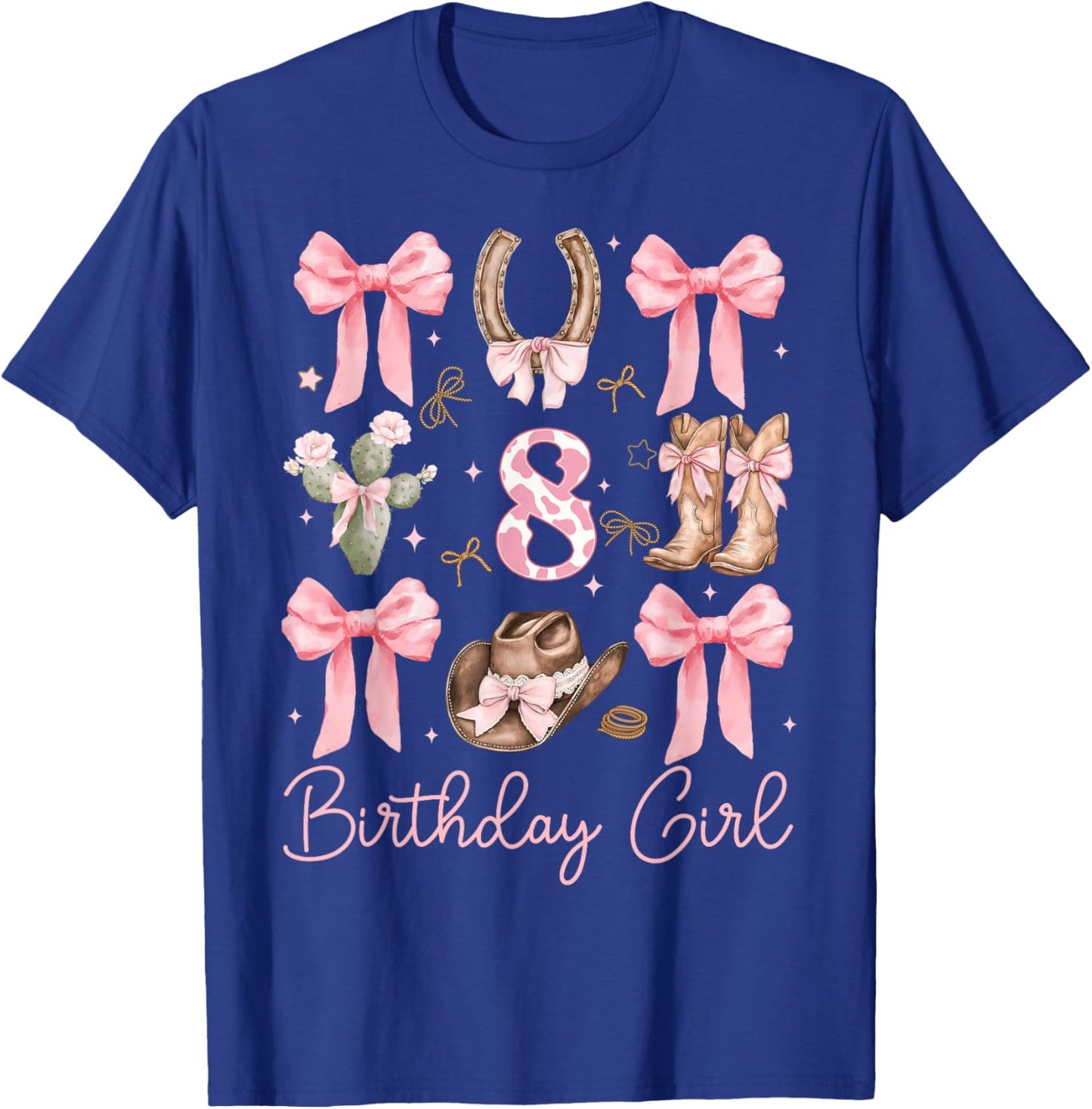 8th Birthday Girl Cowgirl Coquette Bow 8 Year Old Western T-Shirt - T-Shirt | Royal