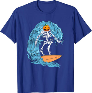 Skeleton Surfing Halloween Pumpkin Surfer T-Shirt - T-Shirt | Royal