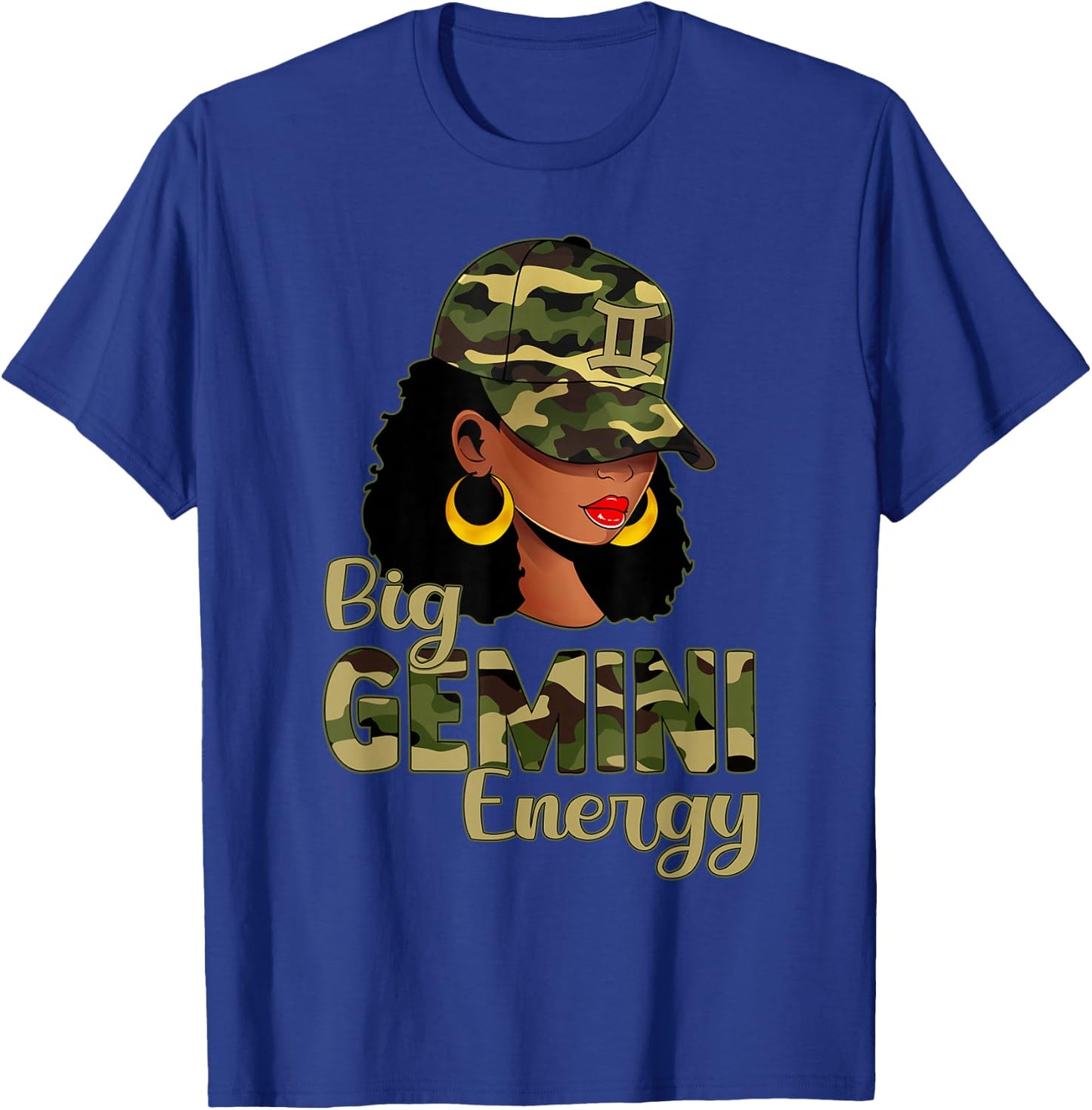 Big Gemini Energy Black Woman Camo Cap Hat Zodiac Sign T-Shirt - T-Shirt | Royal