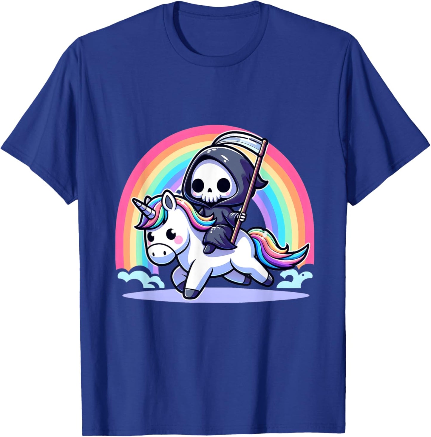 Grim Reaper Riding Unicorn Funny Rainbow Heavy Metal T-Shirt - T-Shirt | Royal