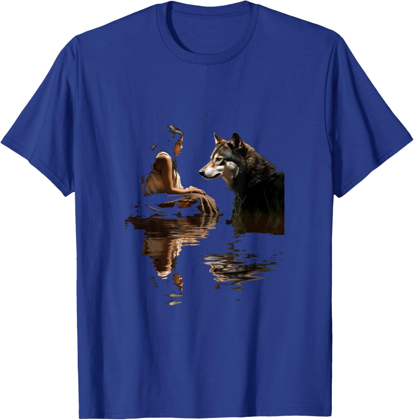 Native American Woman Girl and Wolf In The Lake Indian T-Shirt - T-Shirt | Royal