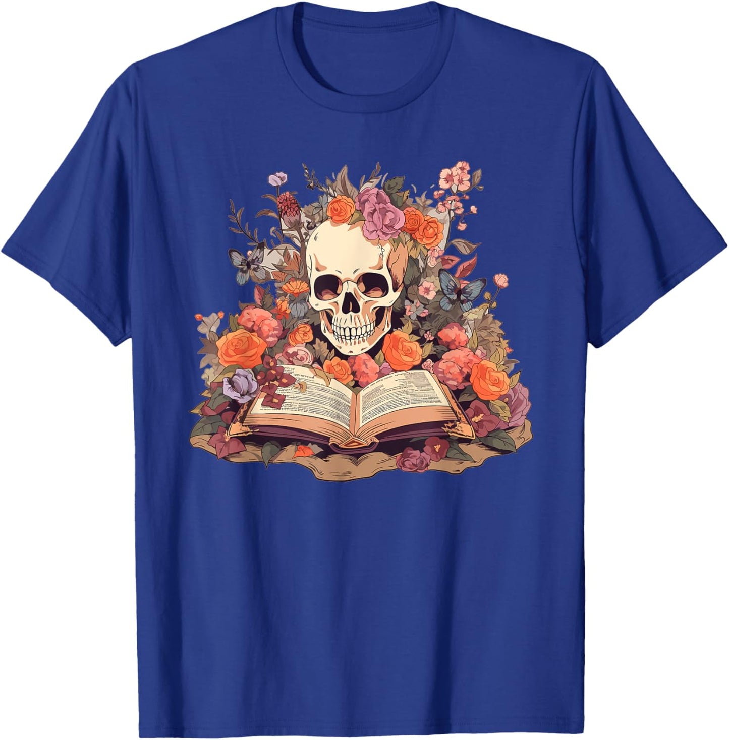 Book Reading Skull Skeleton Flowers Floral Bookish Butterfly T-Shirt - T-Shirt | Royal