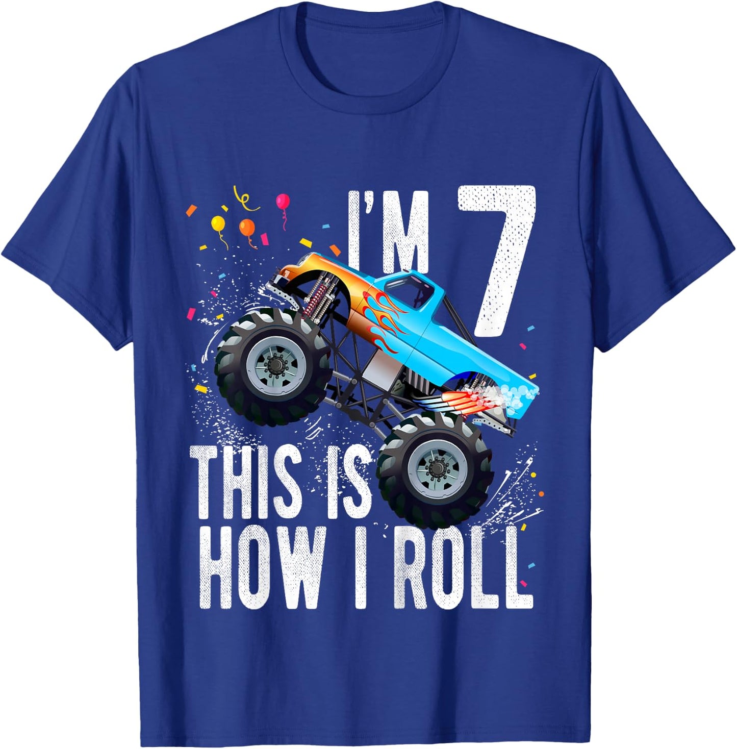 Kids 7 Year Old Shirt 7th Birthday Boy Monster Truck Car T-Shirt - T-Shirt | Royal