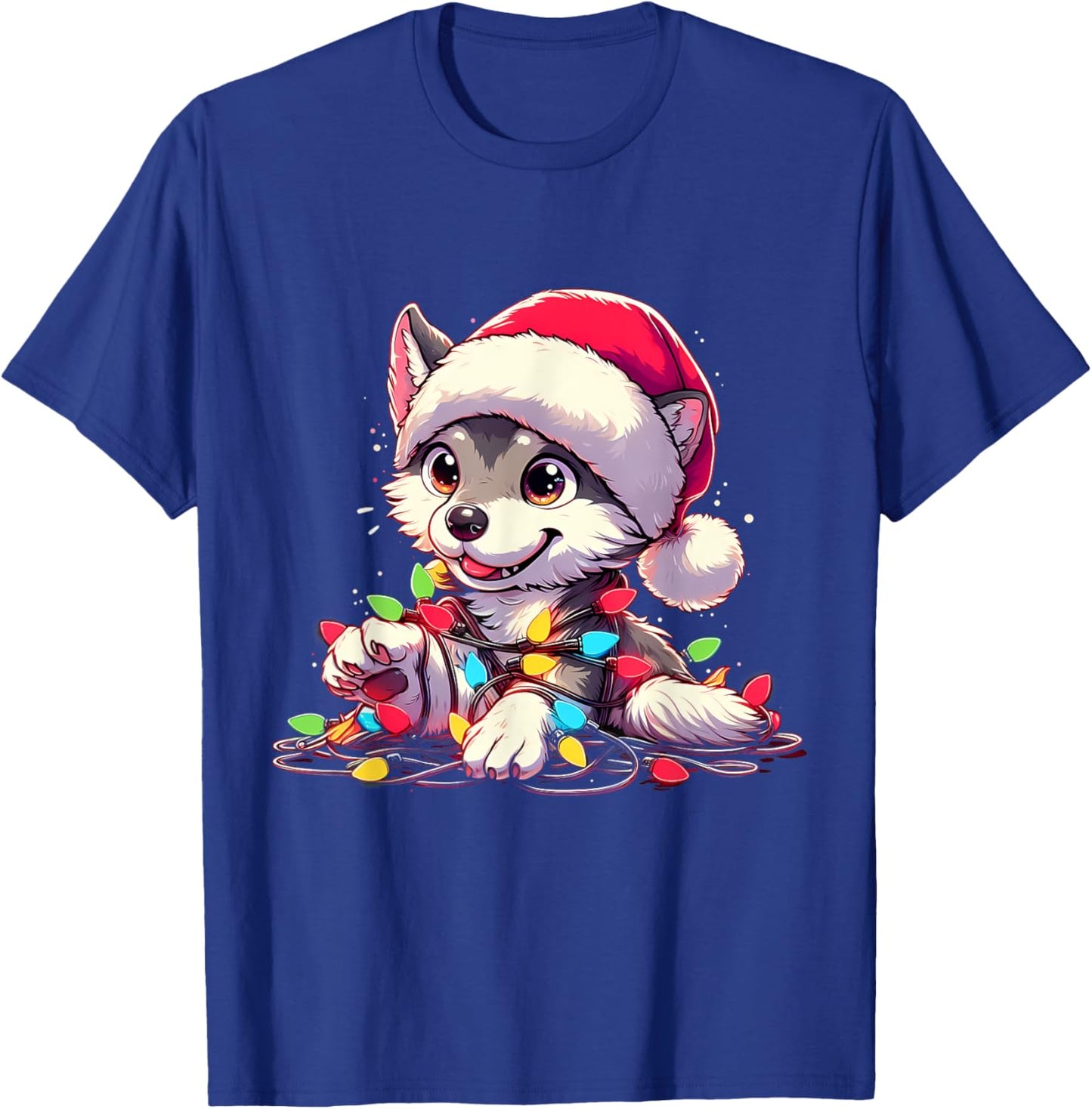 Merry Wolfmas Christmas Lights Cute Wolf Santa Hat T-Shirt - T-Shirt | Royal