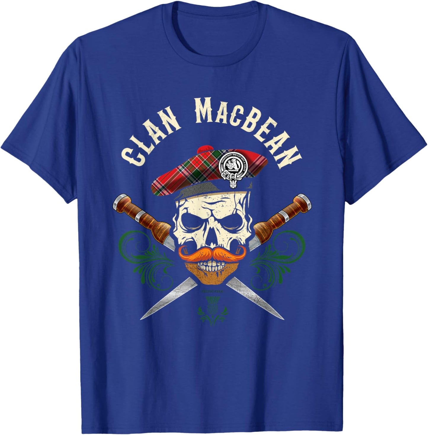 Scottish Clan MacBean Surname Skull Dirks Tartan Badge T-Shirt - T-Shirt | Royal
