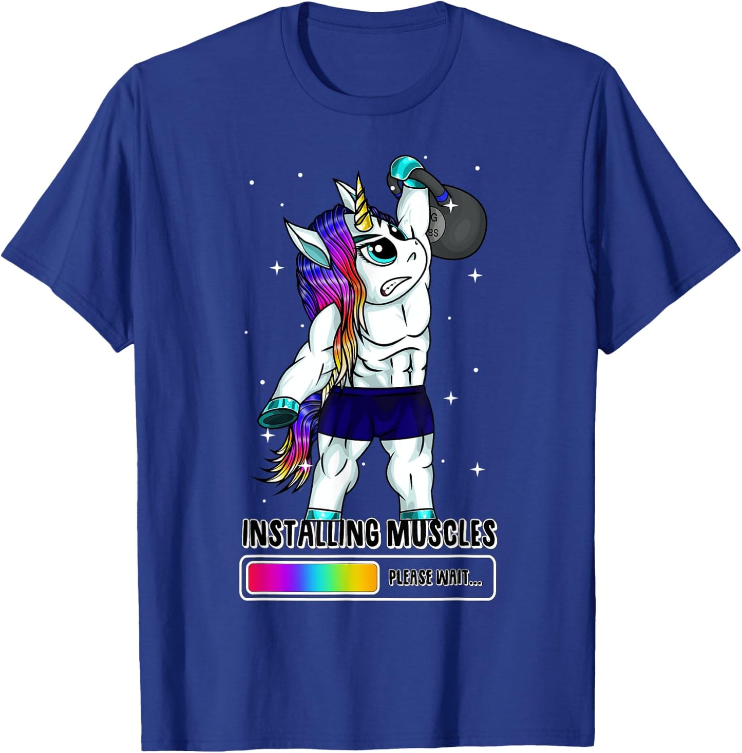 Unicorn Installing Muscles Kettlebell Fun Gym Workout Gift T-Shirt - T-Shirt | Royal