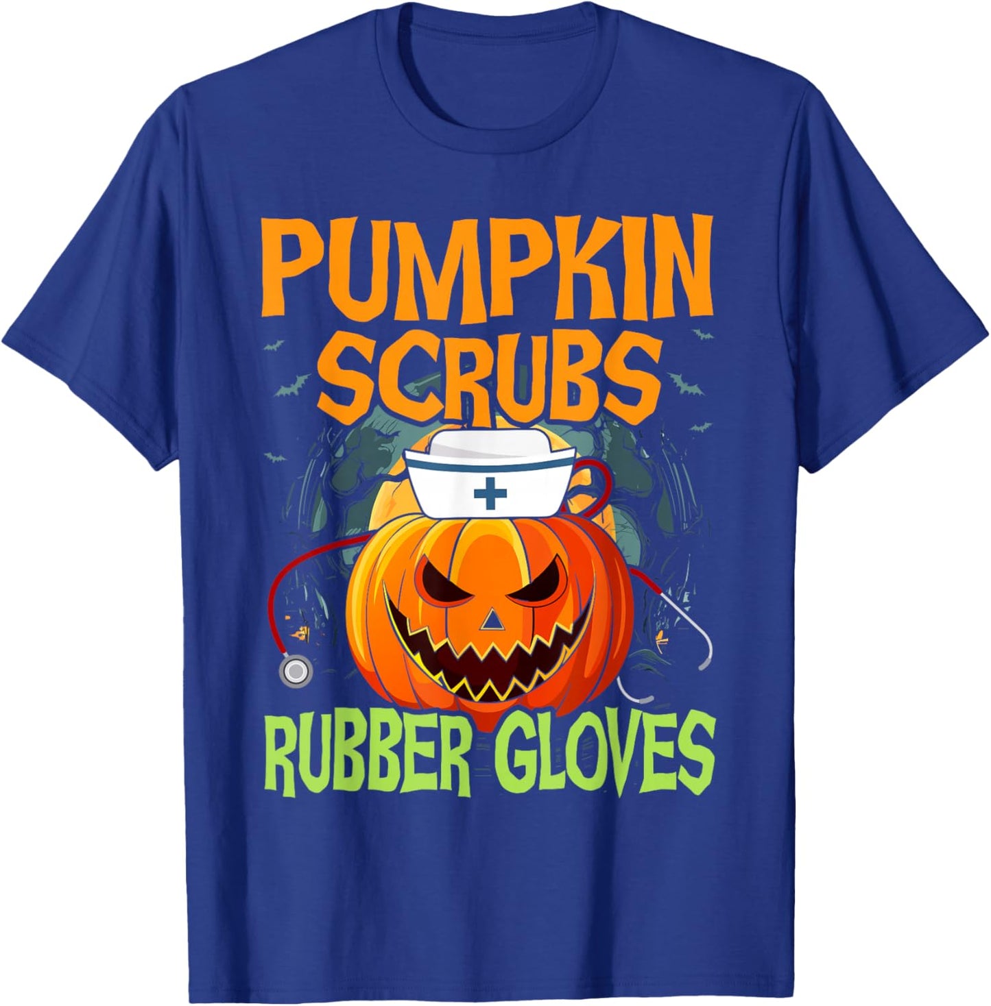 Pumpkin Scrubs Rubber Gloves Halloween Costume Nursing Nurse T-Shirt - T-Shirt | Royal