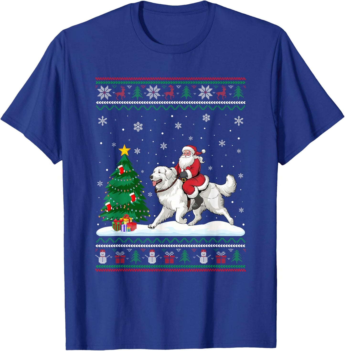 Ugly Christmas Tree Lights Santa Riding Great Pyrenees Dog T-Shirt - T-Shirt | Royal