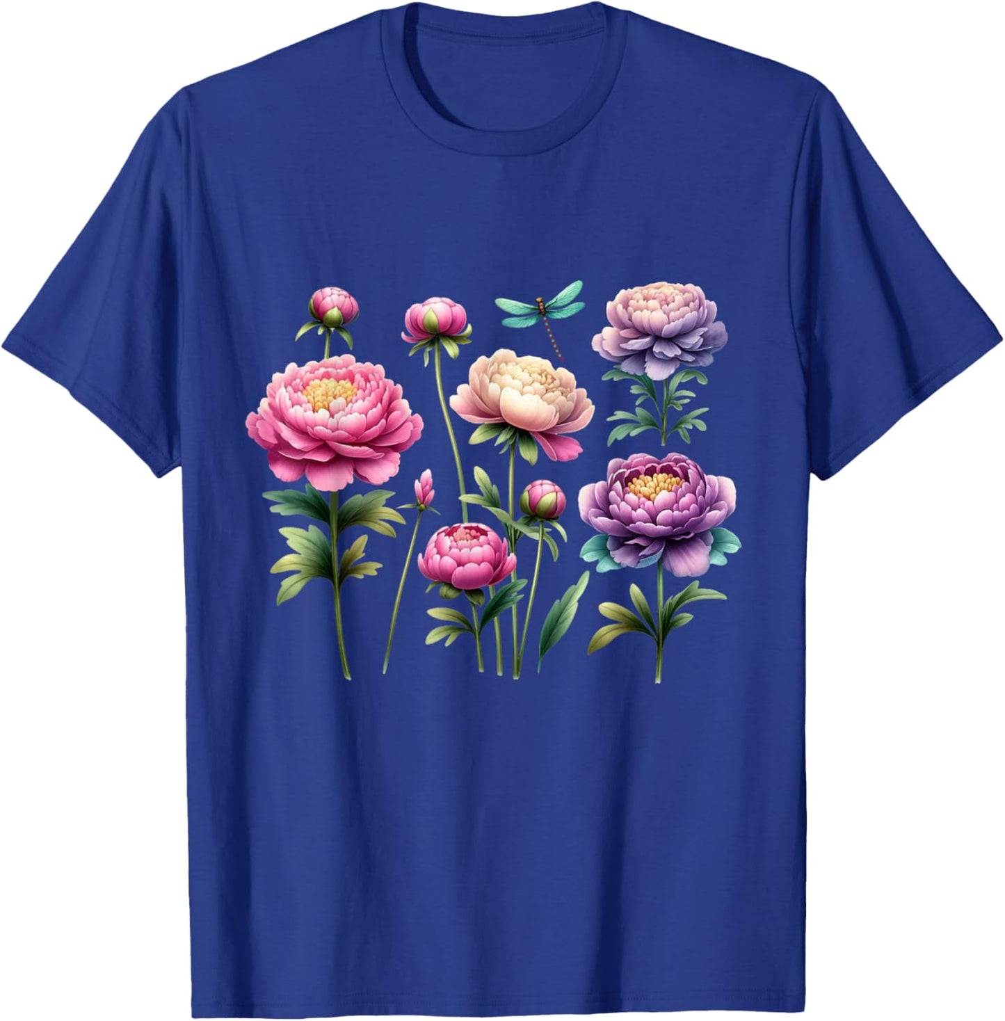Beautiful Peonies Flowers Blossom Dragonfly Nature Gardener T-Shirt - T-Shirt | Royal