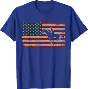 Horseback Riding America Flag Gift Horseman Horse Racing T-Shirt - T-Shirt | Royal