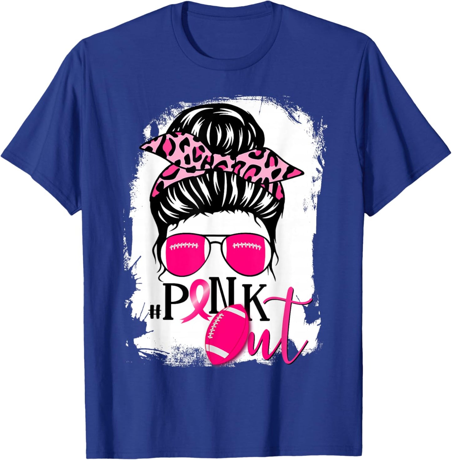 Bleached Pink Out Football Mom Messy Bun Pink Breast Cancer T-Shirt - T-Shirt | Royal