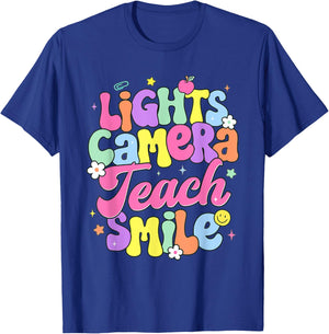 Retro Lights Camera Teach Smile Back To School Teacher Women T-Shirt - T-Shirt | Royal