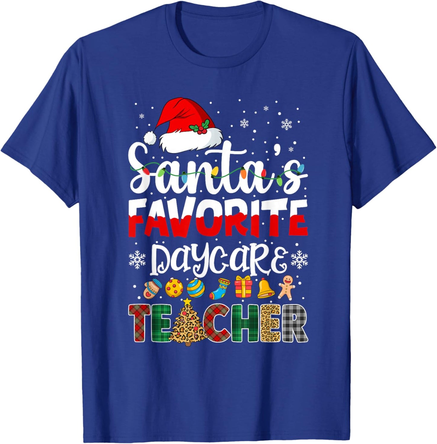 Santa's Favorite Daycare Teacher Buffalo Plaid Christmas T-Shirt - T-Shirt | Royal