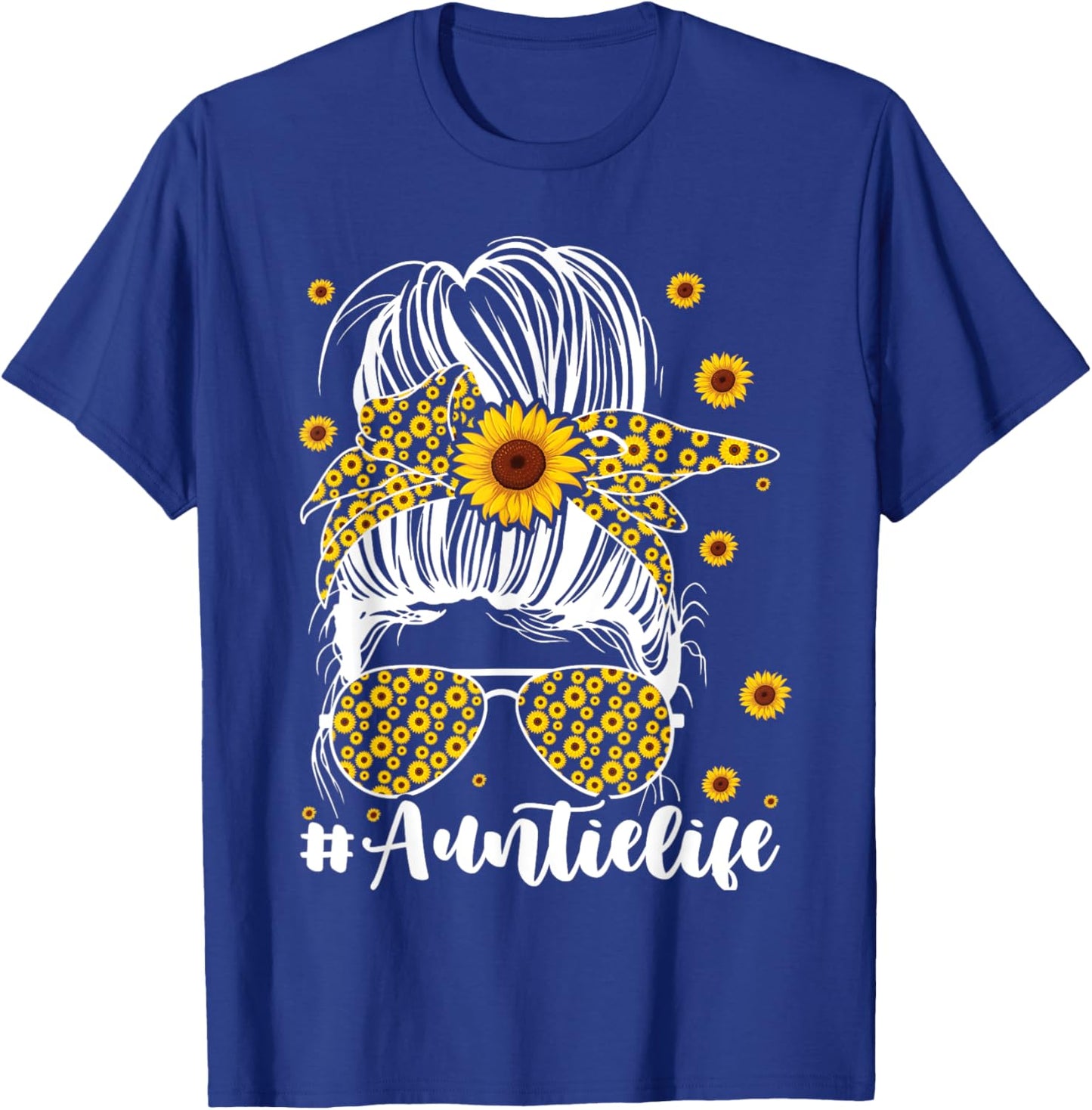 Mom Life Bleached Auntie Life Sunflower Messy Bun T-Shirt - T-Shirt | Royal