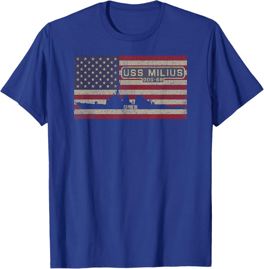 USS Milius DDG-69 Destroyer Ship USA American Flag Women Kids Men T-Shirt - T-Shirt | Royal